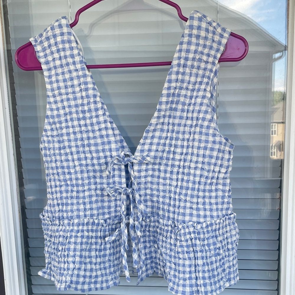 Zara Blue Gingham Tie-Front Peplum Tank TopS